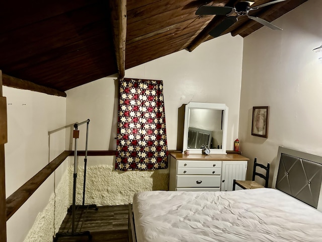 bedroom with wood ceiling, vaulted ceiling with beams, and ceiling fan