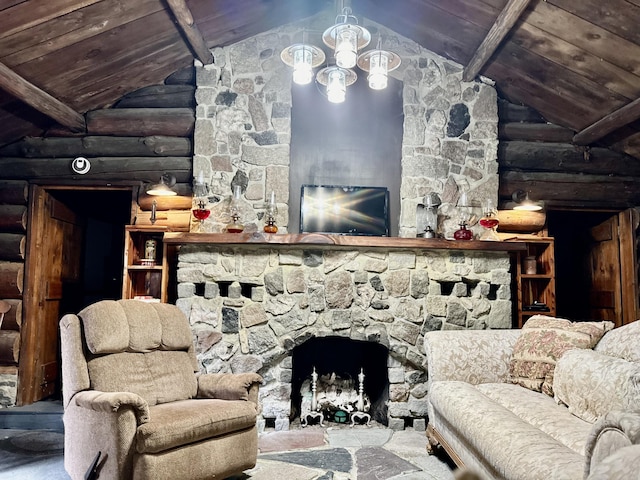 unfurnished living room with vaulted ceiling with beams, an inviting chandelier, and wooden ceiling