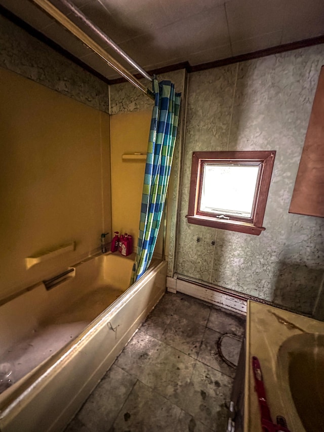 bathroom with vanity and shower / bath combo with shower curtain