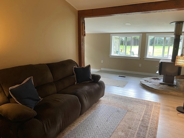 living room with lofted ceiling and light hardwood / wood-style floors