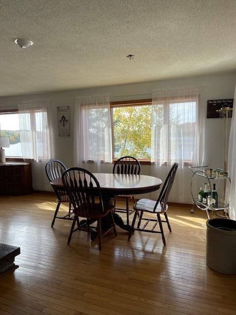 dining area featuring light hardwood / wood-style flooring and a textured ceiling