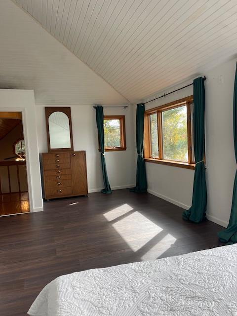 unfurnished bedroom featuring wood ceiling, lofted ceiling, and dark hardwood / wood-style flooring