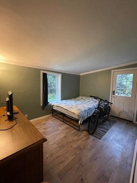 bedroom with wood-type flooring, vaulted ceiling, and crown molding