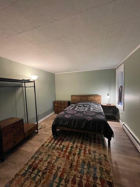 bedroom featuring hardwood / wood-style flooring and a baseboard radiator