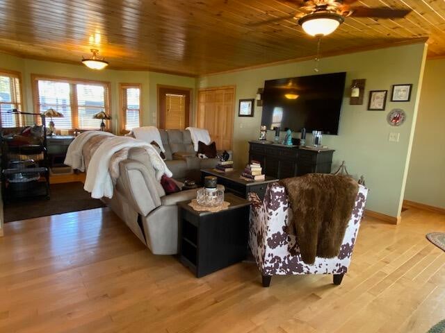 living room featuring light hardwood / wood-style floors, ceiling fan, and wood ceiling