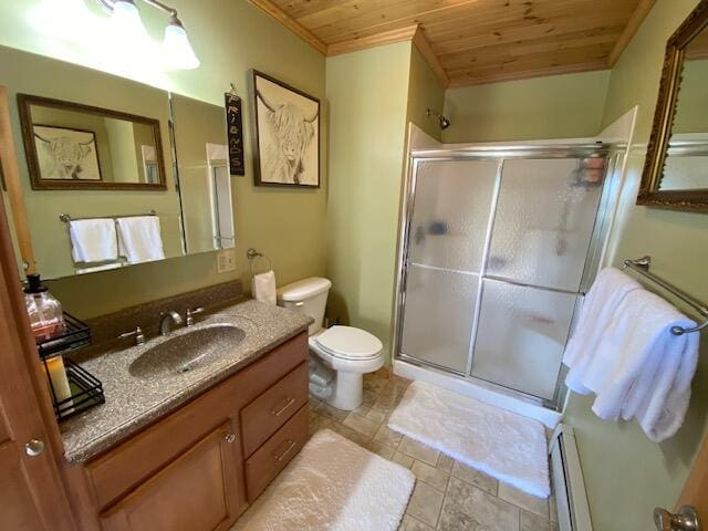 bathroom featuring vanity, wood ceiling, an enclosed shower, a baseboard heating unit, and toilet