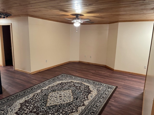 spare room featuring ceiling fan, wood ceiling, and dark hardwood / wood-style flooring