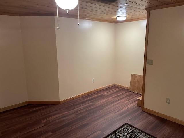 spare room with dark hardwood / wood-style floors, radiator heating unit, and wooden ceiling