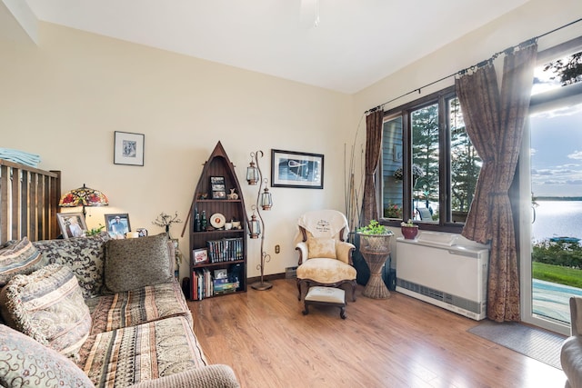 living room with light hardwood / wood-style floors and heating unit