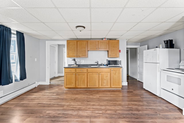 kitchen featuring a drop ceiling, white appliances, sink, and dark hardwood / wood-style flooring