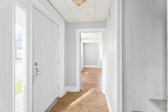 hallway featuring a drop ceiling and light hardwood / wood-style flooring