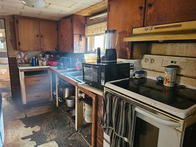 kitchen with wood ceiling and white range