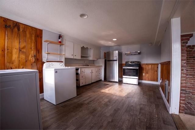 kitchen with washer / dryer, exhaust hood, dark hardwood / wood-style floors, stainless steel appliances, and white cabinetry