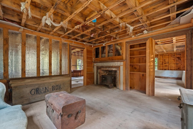 interior space featuring a wood stove