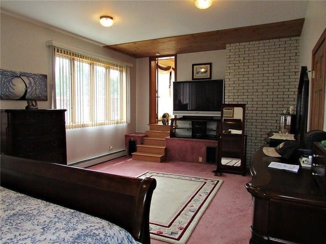 carpeted bedroom with a baseboard radiator