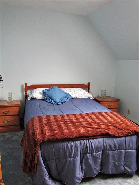 carpeted bedroom with lofted ceiling