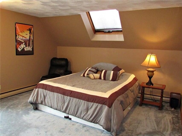 bedroom featuring carpet floors, a baseboard radiator, and lofted ceiling with skylight