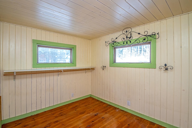 empty room featuring wood-type flooring, wood ceiling, and wood walls