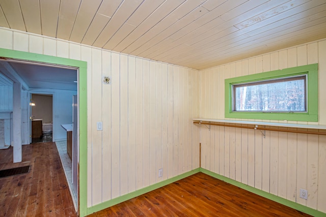 unfurnished room featuring wooden ceiling, dark hardwood / wood-style floors, and wooden walls