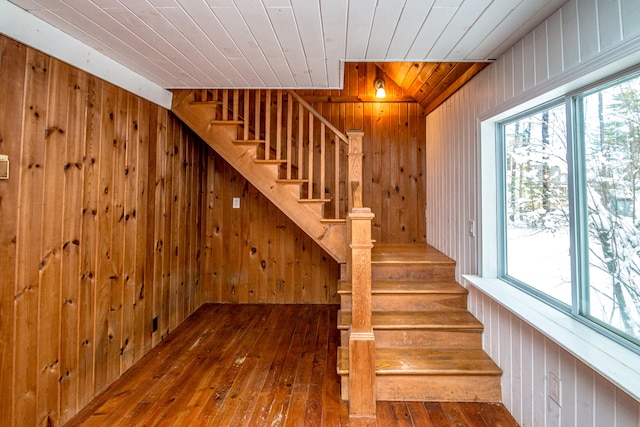 stairs featuring hardwood / wood-style floors, wood ceiling, and wooden walls