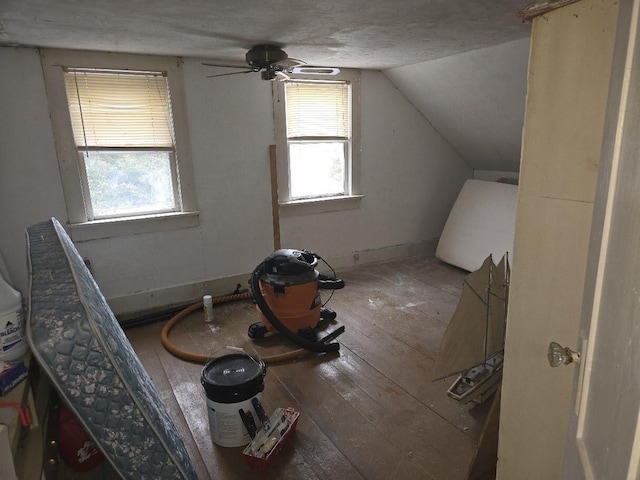 additional living space with vaulted ceiling, ceiling fan, a textured ceiling, and wood-type flooring