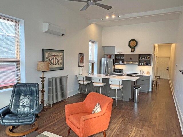 30 Water St, Ellsworth, ME 04605 - living room with radiator, ceiling fan, an AC wall unit, and dark hardwood / wood-style floors