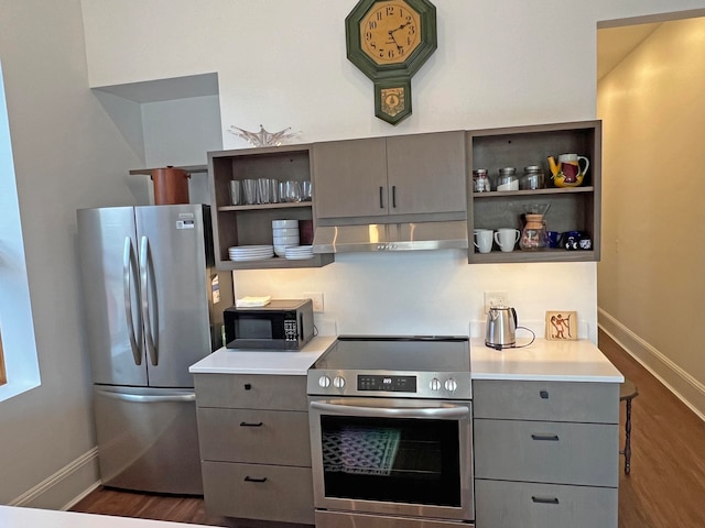 30 Water St, Ellsworth, ME 04605 - kitchen featuring dark wood-type flooring, stainless steel appliances, and gray cabinetry