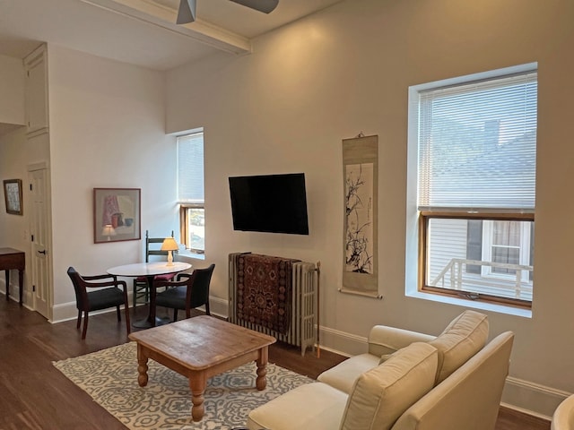 30 Water St, Ellsworth, ME 04605 - living room featuring dark hardwood / wood-style floors, beam ceiling, and ceiling fan