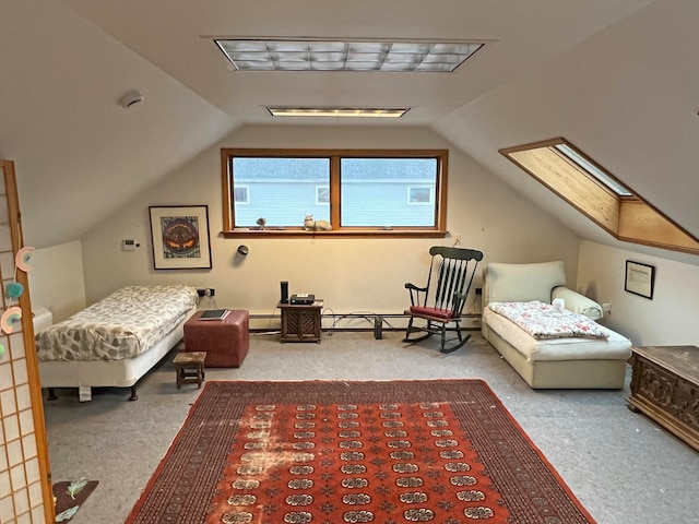 30 Water St, Ellsworth, ME 04605 - bedroom with lofted ceiling with skylight, carpet, and a baseboard radiator
