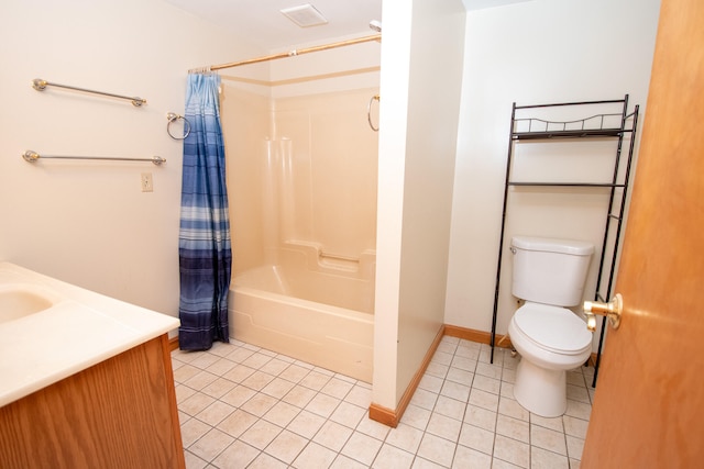 full bathroom featuring tile patterned floors, shower / bath combination with curtain, toilet, and vanity