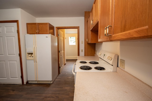 kitchen with a baseboard heating unit, dark hardwood / wood-style flooring, and white appliances