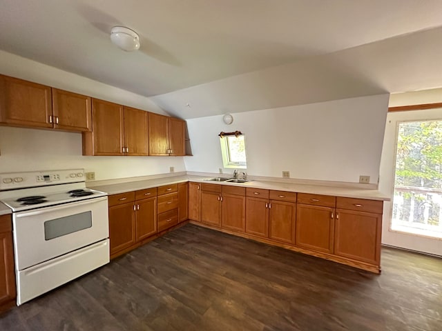 kitchen with white electric range, dark wood-type flooring, vaulted ceiling, and a healthy amount of sunlight