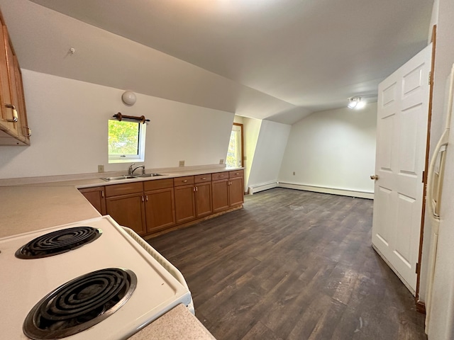 kitchen with lofted ceiling, sink, dark wood-type flooring, white range oven, and a baseboard radiator