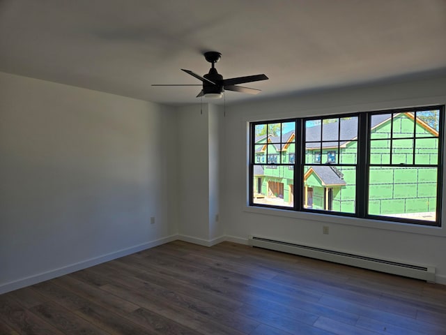 empty room featuring dark hardwood / wood-style flooring, ceiling fan, and a baseboard heating unit