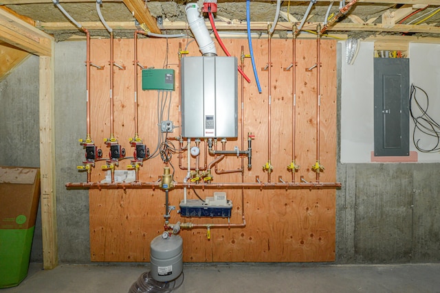 utility room featuring electric panel and tankless water heater