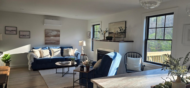 living room featuring hardwood / wood-style flooring and a wall mounted AC