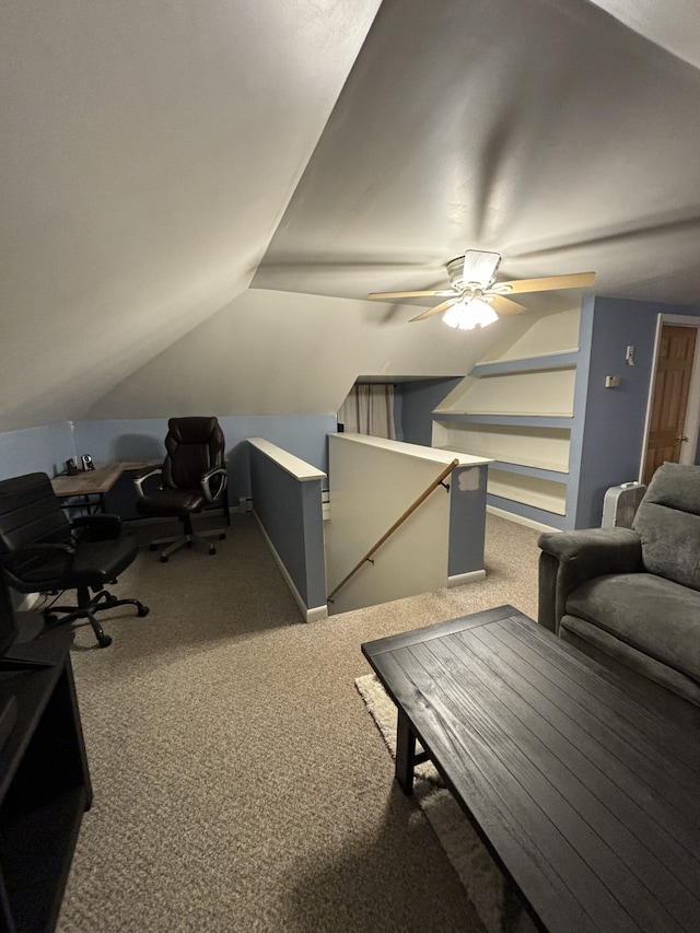 bedroom featuring lofted ceiling, carpet flooring, and ceiling fan