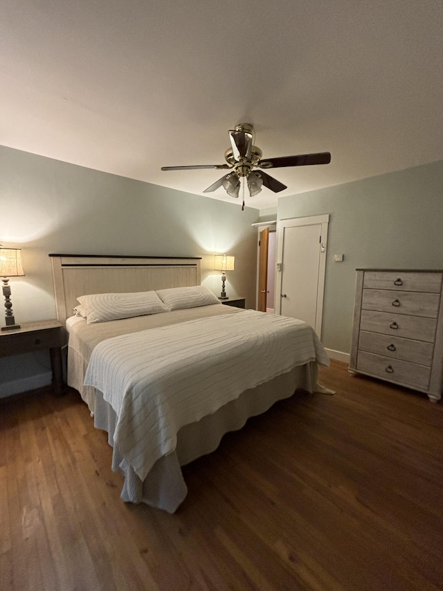 bedroom with ceiling fan and dark wood-type flooring