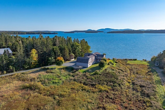 birds eye view of property featuring a water and mountain view