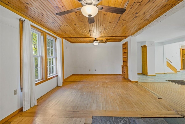 unfurnished room with ceiling fan, built in shelves, wood ceiling, and light hardwood / wood-style flooring