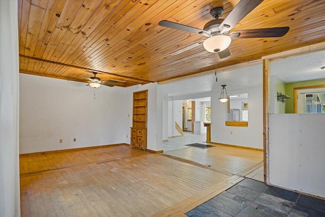 unfurnished living room featuring ceiling fan, hardwood / wood-style floors, and wooden ceiling