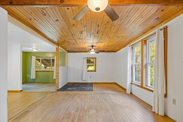 empty room featuring ceiling fan, wooden ceiling, and light hardwood / wood-style floors