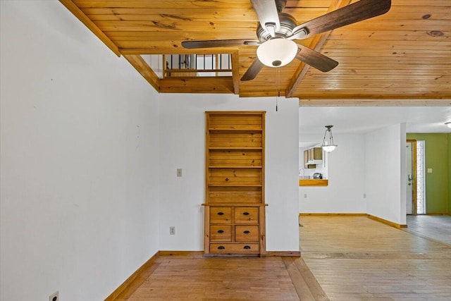 unfurnished living room with light hardwood / wood-style floors, wooden ceiling, and ceiling fan