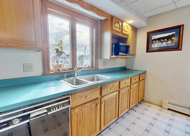 kitchen with light floors, baseboard heating, black dishwasher, stainless steel microwave, and a sink