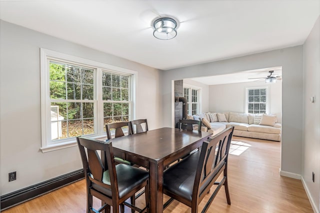 49 Balsam Dr, Waldoboro, ME 04572 - dining room with ceiling fan, light wood-type flooring, and a baseboard radiator