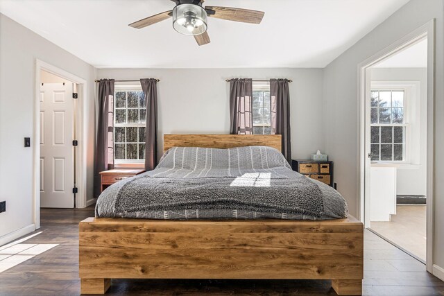 49 Balsam Dr, Waldoboro, ME 04572 - bedroom featuring dark hardwood / wood-style floors, multiple windows, and ceiling fan
