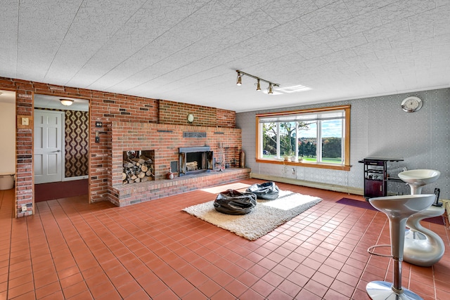 living room featuring a fireplace and rail lighting