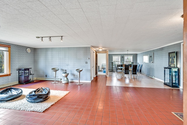 tiled living room featuring a baseboard radiator and track lighting