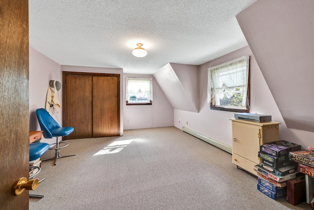 additional living space with light colored carpet, a textured ceiling, vaulted ceiling, and a baseboard heating unit