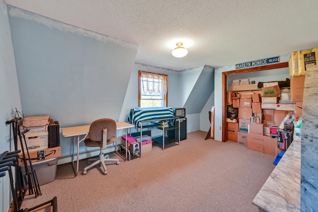 office space featuring light carpet and a textured ceiling